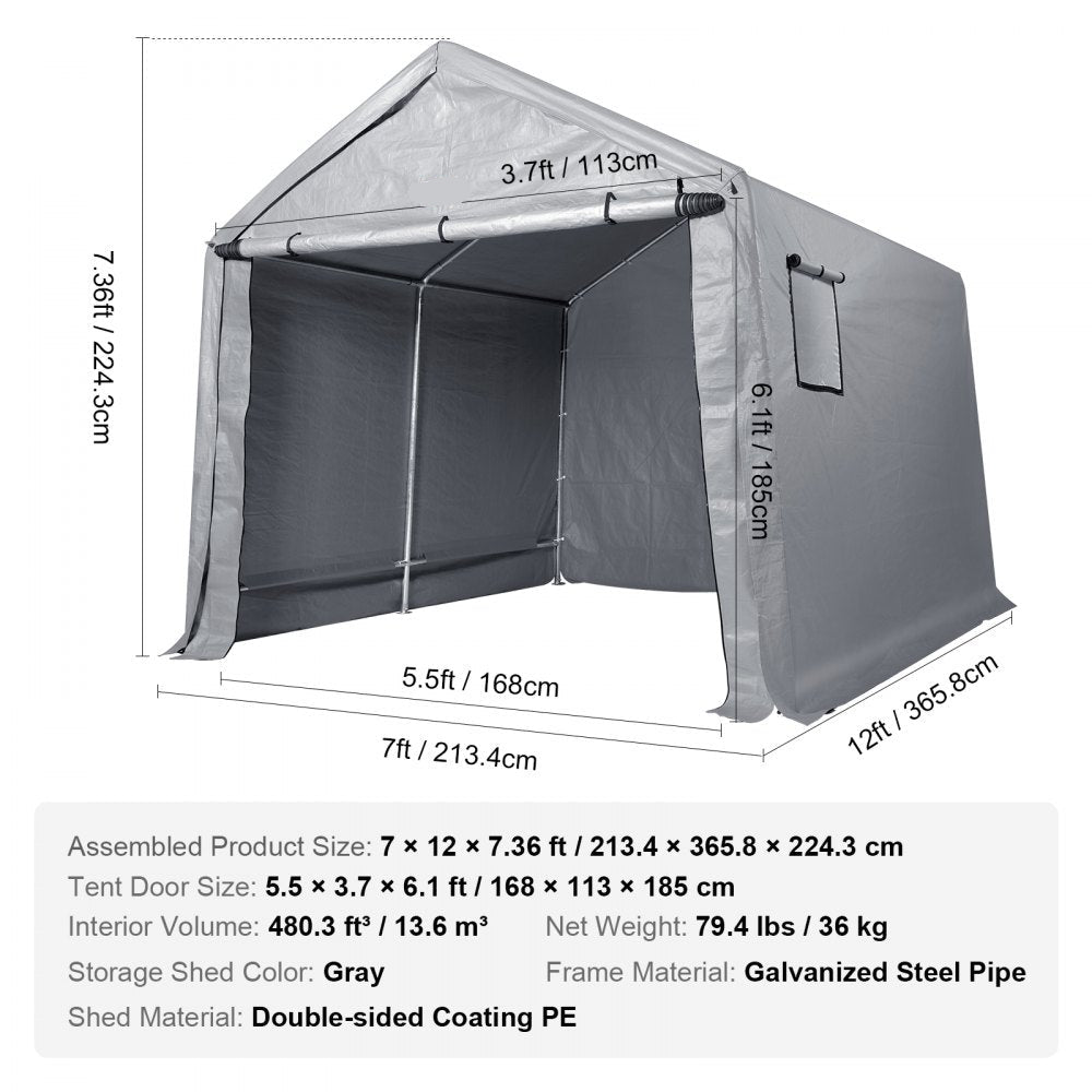 Portable Outdoor Storage Shed 7x12x7.36ft Heavy Duty Tent with Roll-up Zipper Door and Ventilated Windows for Motorcycle Bike Garden Tools