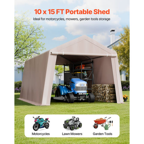 Outdoor Storage Portable Shed 10x15 ft Waterproof Canopy Garage Tent 2 Doors