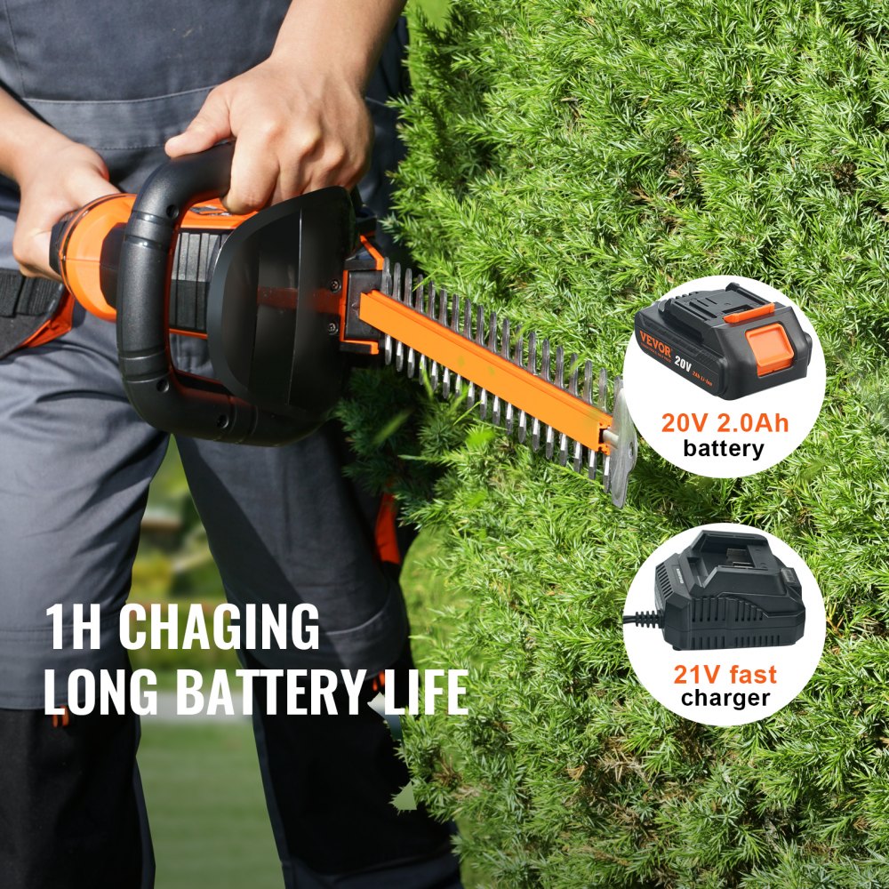 20V Cordless Hedge Trimmer with 18-inch Double-Edged Steel Blade Includes Battery, Quick Charger, and Blade Cover, 180° Swiveling Head