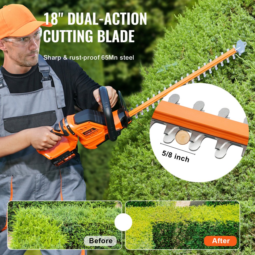 20V Cordless Hedge Trimmer with 18-inch Double-Edged Steel Blade Includes Battery, Quick Charger, and Blade Cover, 180° Swiveling Head
