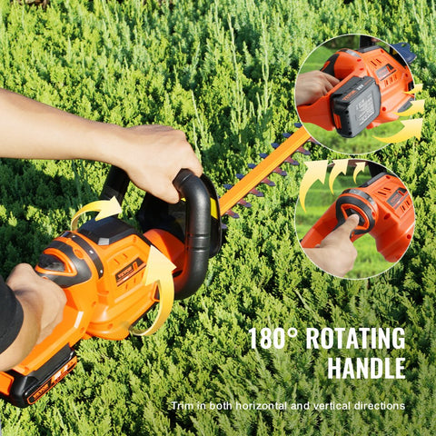 20V Cordless Hedge Trimmer with 18-inch Double-Edged Steel Blade Includes Battery, Quick Charger, and Blade Cover, 180° Swiveling Head