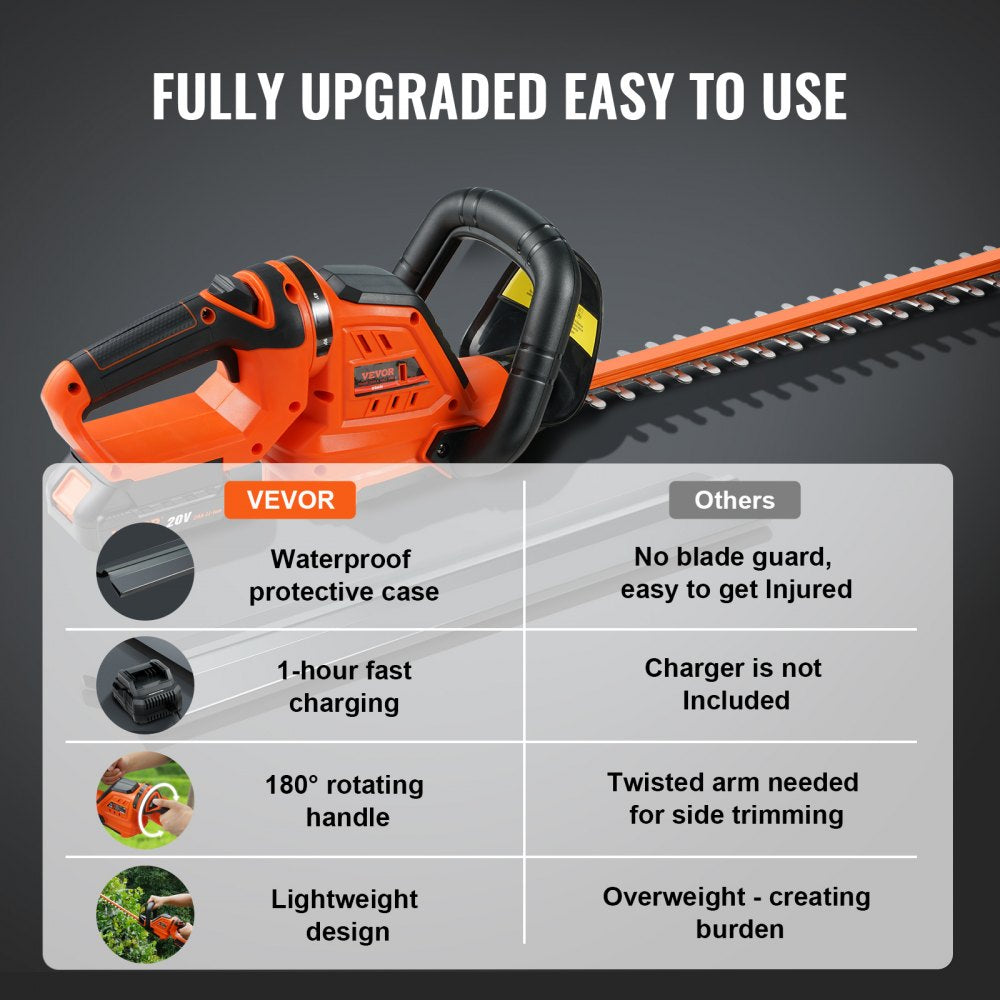 20V Cordless Hedge Trimmer with 18-inch Double-Edged Steel Blade Includes Battery, Quick Charger, and Blade Cover, 180° Swiveling Head