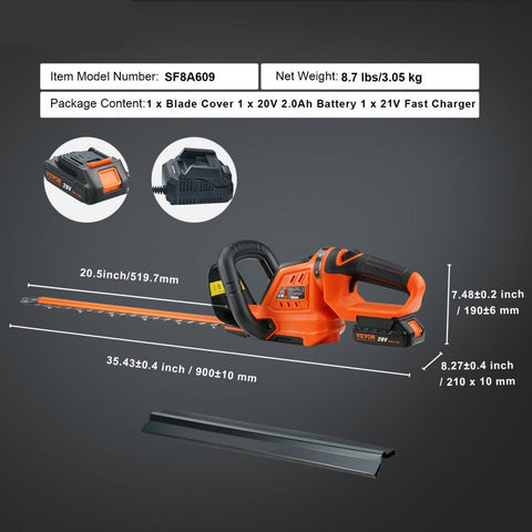20V Cordless Hedge Trimmer with 18-inch Double-Edged Steel Blade Includes Battery, Quick Charger, and Blade Cover, 180° Swiveling Head
