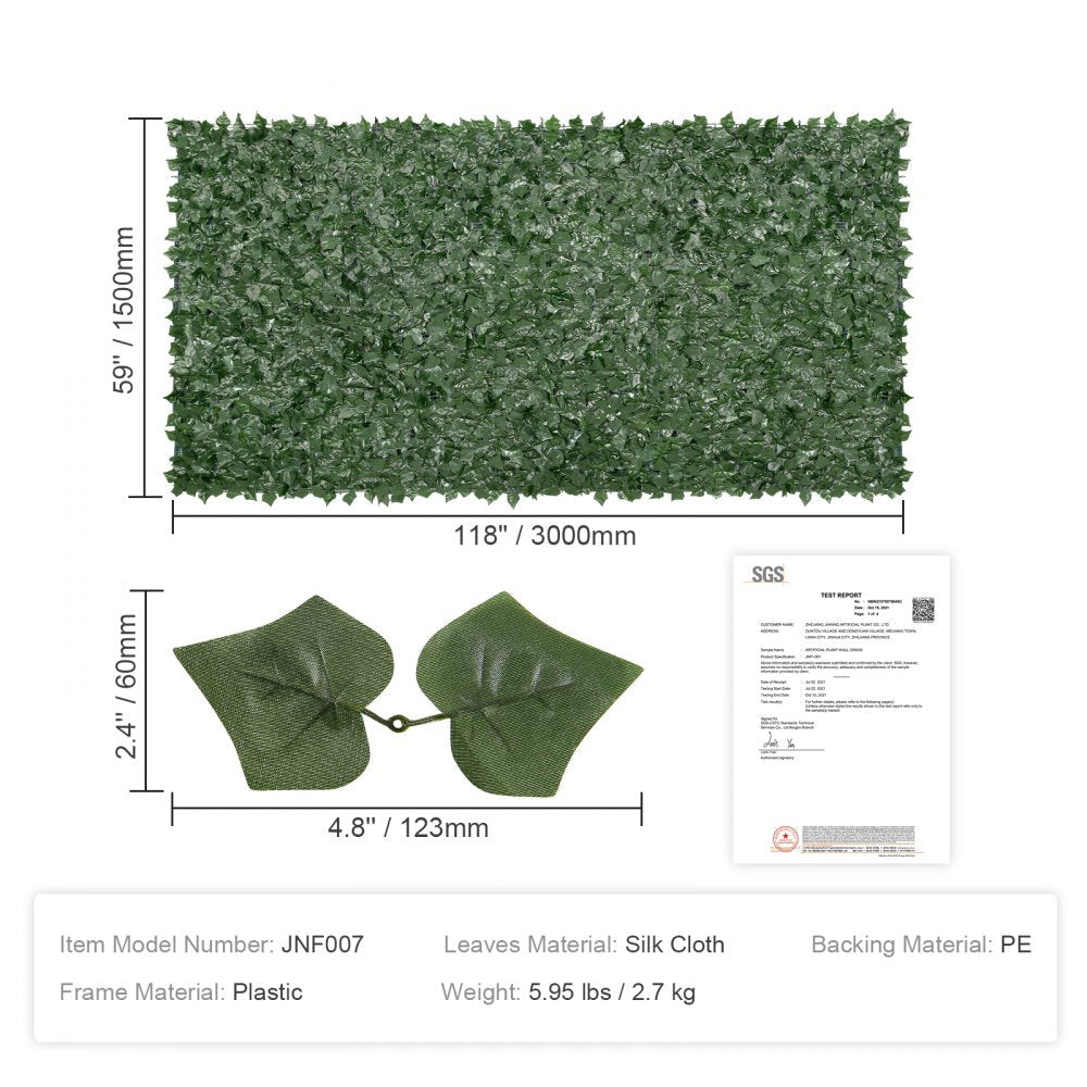 Privacy Ivy Fence, 59 x 118in Artificial Green Wall Screen, Greenery Ivy Fence with Mesh Cloth Backing and Strengthened Joint, Faux Hedges Vine Leaf Decoration for Outdoor Garden, Yard, Balcony