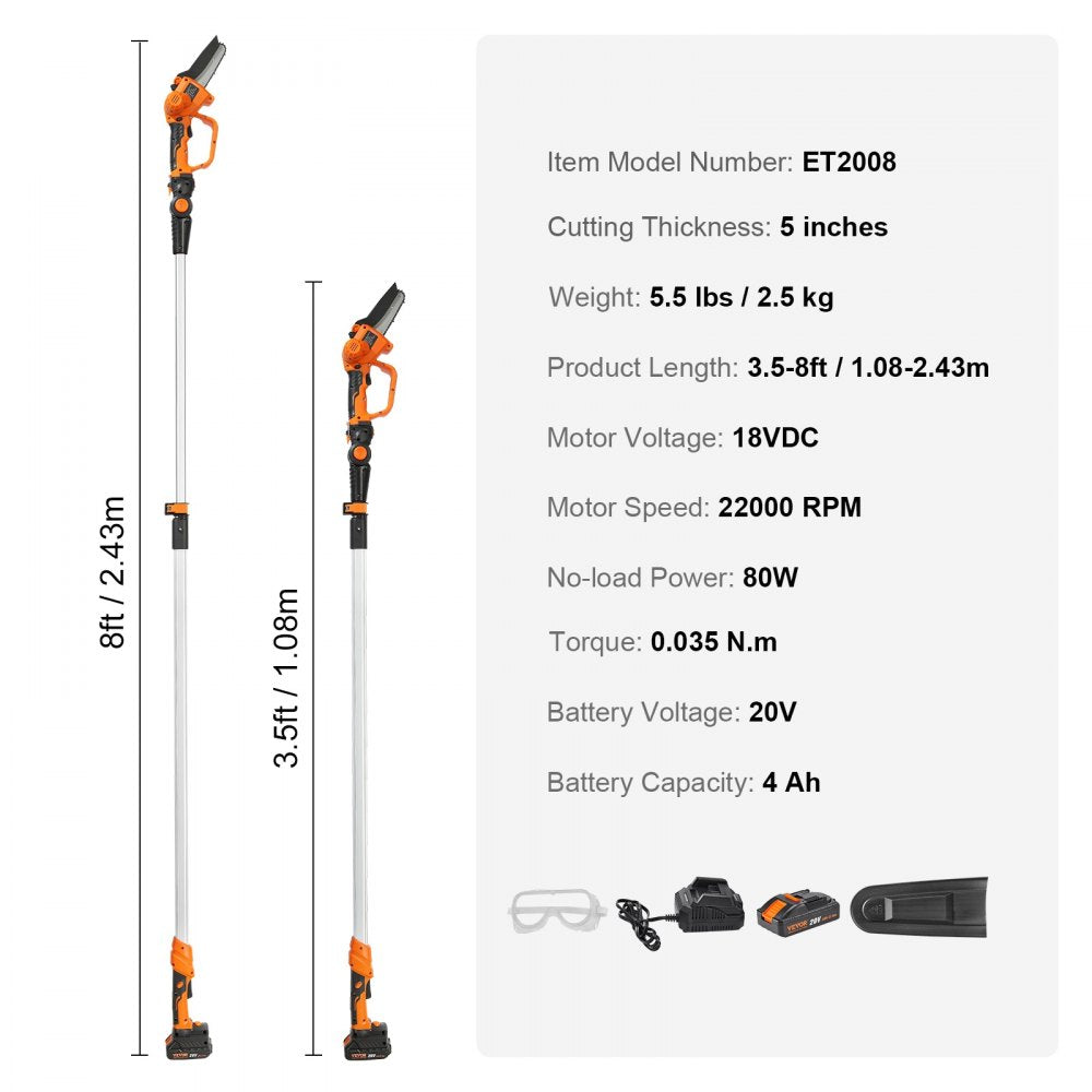 2-in-1 Cordless 20V 4Ah Battery Pole Chainsaw, 5" Cutting Capacity, 8' Reach, for Branch Cutting and Tree Pruning (Includes Battery and Blade Cover)