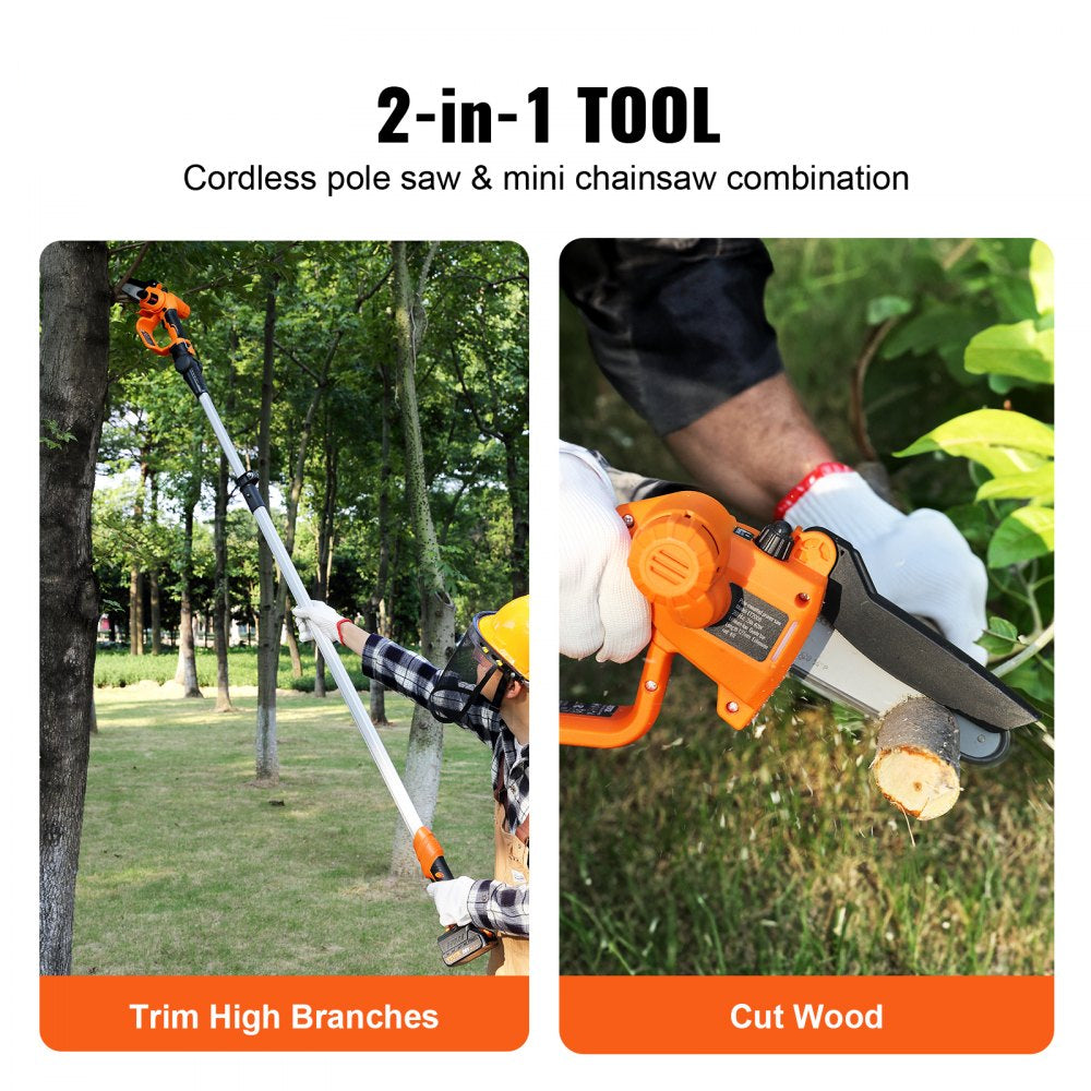 2 in 1 Cordless Pole Saw Mini Chainsaw 20V Battery Powered 5 inch Cutting Capacity 8 ft Reach Tree Trimmer with Battery and Blade Cover