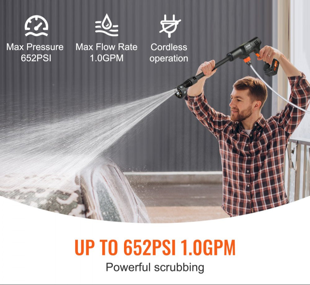 Cordless Pressure Washer 652PSI 1.0GPM Portable Power Cleaner Handheld High Pressure Car Washer with 4.0Ah Battery Charger 6 in 1 Nozzle for Home Floor Cleaning Watering