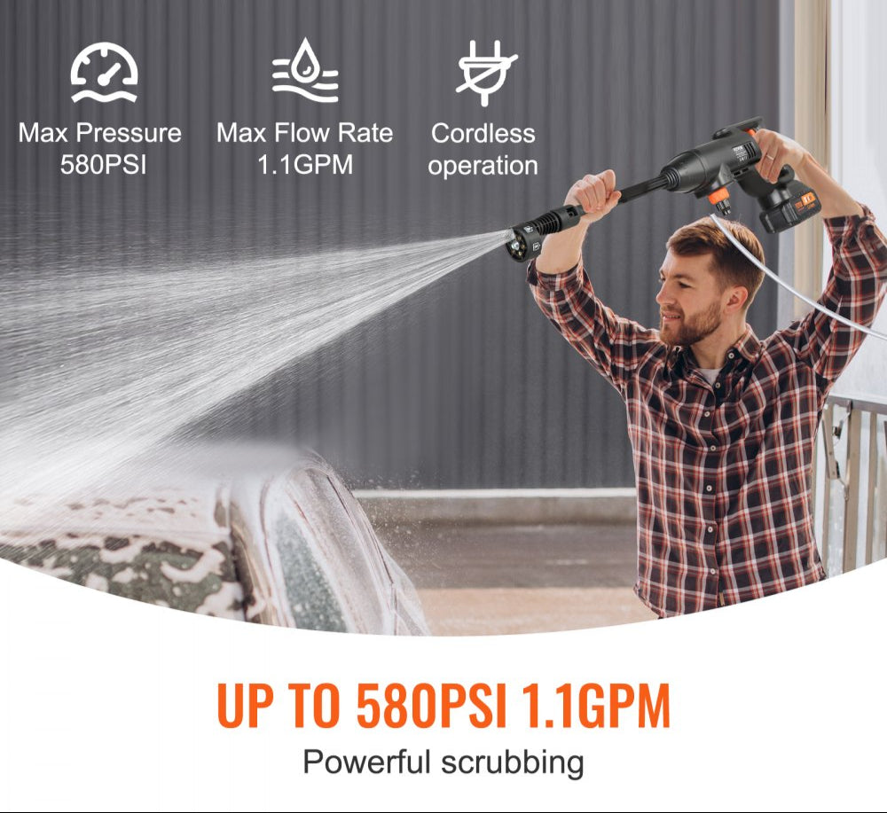 Cordless Pressure Washer 580 PSI 1.1 GPM Portable Power Cleaner Handheld High Pressure Car Washer Gun with 4.0Ah Battery Charger 6 in 1 Nozzle for Home Floor Cleaning and Watering