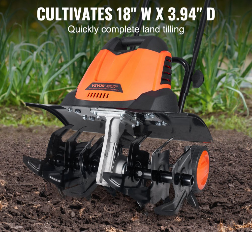 12 Amp Electric Tiller 18in Tilling Width 3.94in Tilling Depth Corded Cultivator with Steel Mn Tines for Garden Lawn Soil Digging