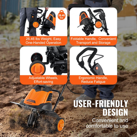 12 Amp Electric Tiller 18in Tilling Width 3.94in Tilling Depth Corded Cultivator with Steel Mn Tines for Garden Lawn Soil Digging