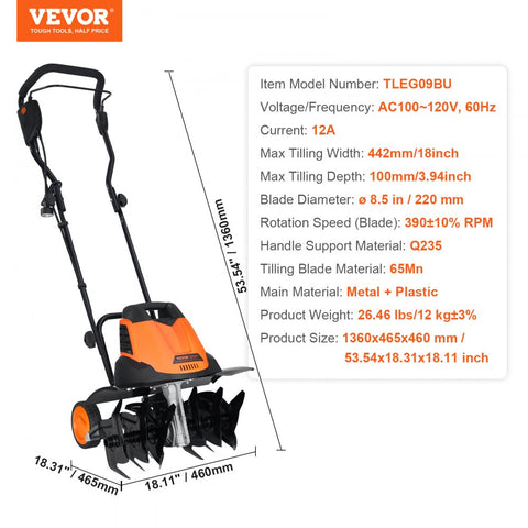 12 Amp Electric Tiller 18in Tilling Width 3.94in Tilling Depth Corded Cultivator with Steel Mn Tines for Garden Lawn Soil Digging