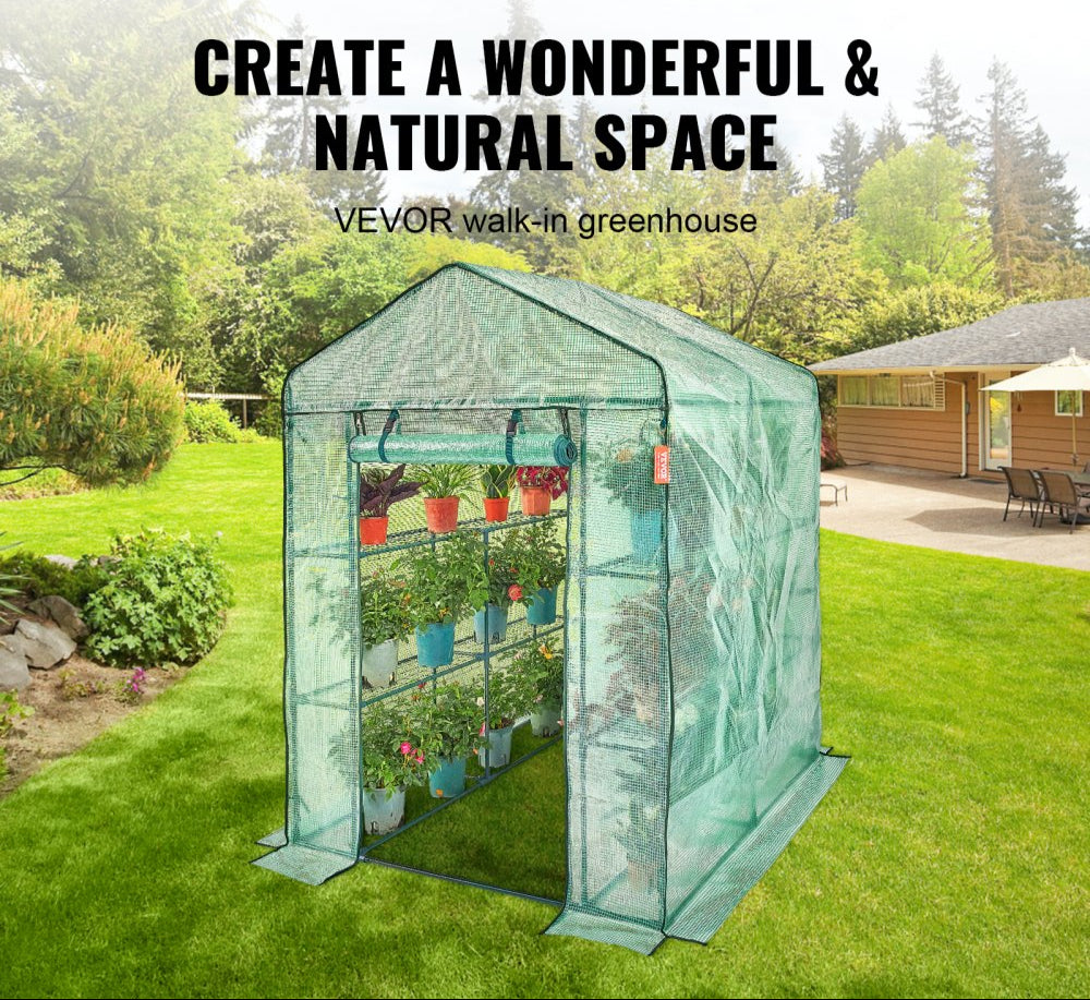 Walk-in Greenhouse 4.6x4.6x6.6ft with Shelves High Strength PE Cover Zipper Door Steel Frame Easy Assembly for Planting and Storage