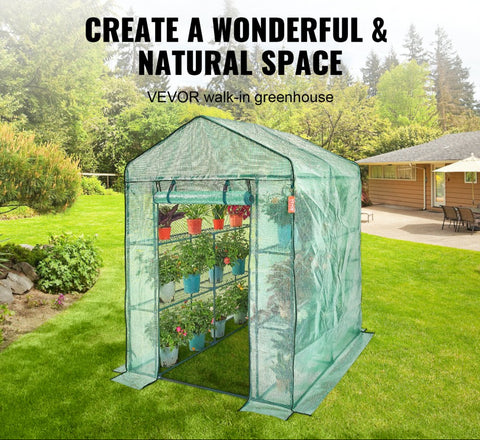 Walk-in Greenhouse 4.6x4.6x6.6ft with Shelves High Strength PE Cover Zipper Door Steel Frame Easy Assembly for Planting and Storage