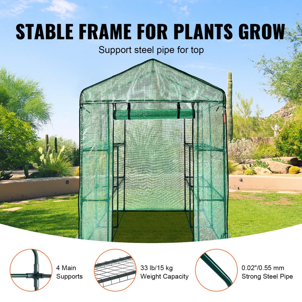 Walk-in Greenhouse 4.6x4.6x6.6ft with Shelves High Strength PE Cover Zipper Door Steel Frame Easy Assembly for Planting and Storage