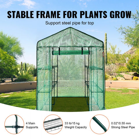 Walk-in Greenhouse 4.6x4.6x6.6ft with Shelves High Strength PE Cover Zipper Door Steel Frame Easy Assembly for Planting and Storage