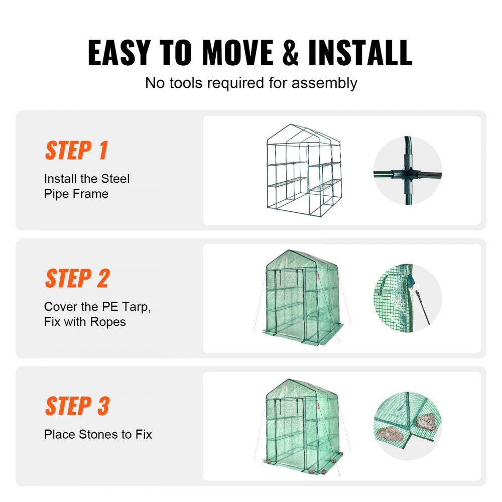 Walk-in Greenhouse 4.6x4.6x6.6ft with Shelves High Strength PE Cover Zipper Door Steel Frame Easy Assembly for Planting and Storage