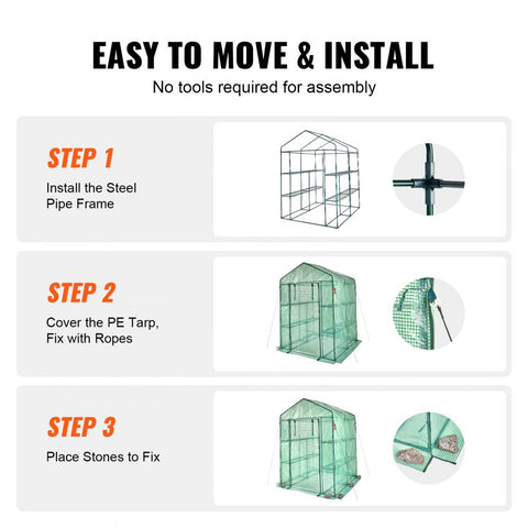 Walk-in Greenhouse 4.6x4.6x6.6ft with Shelves High Strength PE Cover Zipper Door Steel Frame Easy Assembly for Planting and Storage
