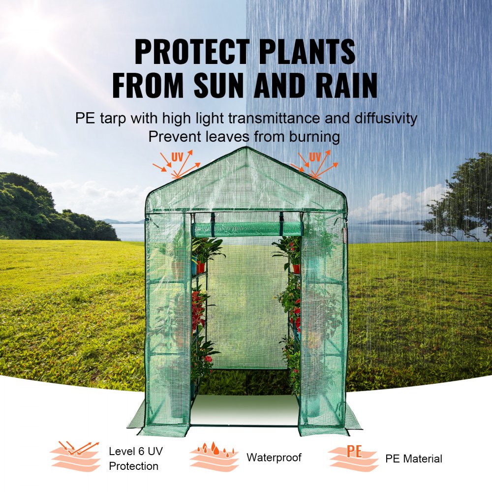 Walk-in Greenhouse 4.6x4.6x6.6ft with Shelves High Strength PE Cover Zipper Door Steel Frame Easy Assembly for Planting and Storage