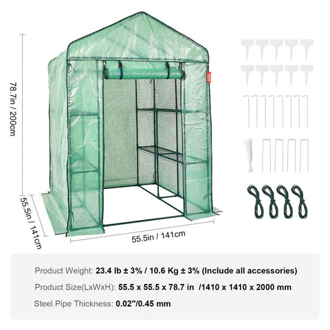 Walk-in Greenhouse 4.6x4.6x6.6ft with Shelves High Strength PE Cover Zipper Door Steel Frame Easy Assembly for Planting and Storage