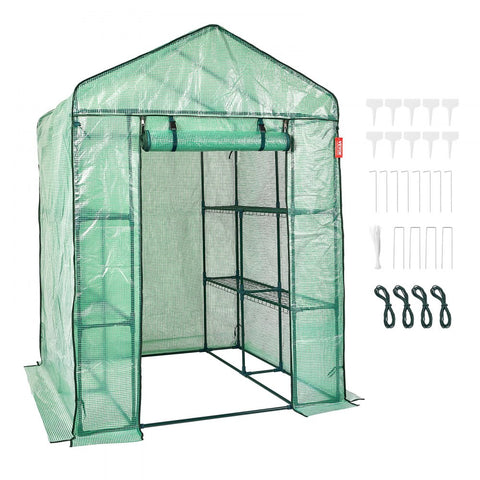 Walk-in Greenhouse 4.6x4.6x6.6ft with Shelves High Strength PE Cover Zipper Door Steel Frame Easy Assembly for Planting and Storage