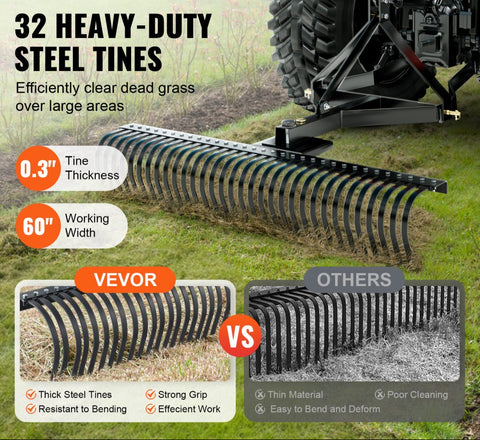 Pull Behind Thatch Remover 60in Wide with 32 Steel Prongs Tractor Compatible 3 Point Hitch Garden Rake for Soil Preparation and Grass Maintenance