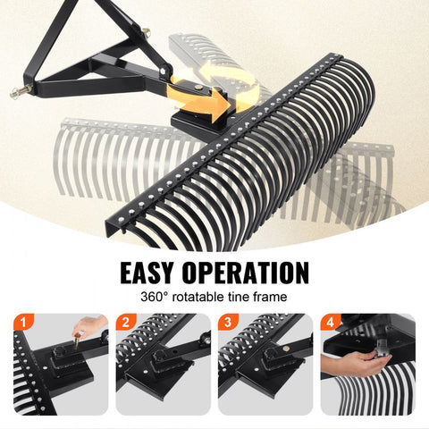 Pull Behind Thatch Remover 60in Wide with 32 Steel Prongs Tractor Compatible 3 Point Hitch Garden Rake for Soil Preparation and Grass Maintenance