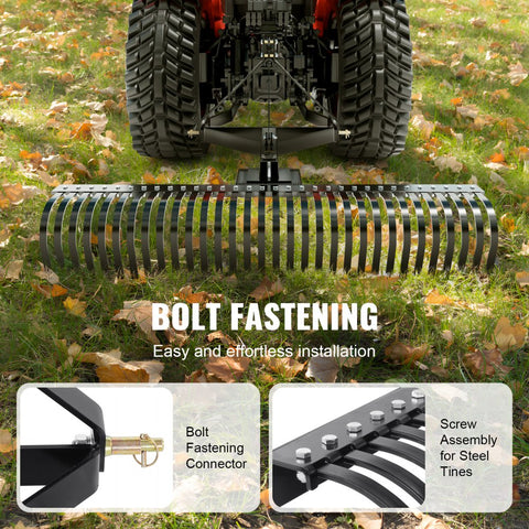 Pull Behind Thatch Remover 60in Wide with 32 Steel Prongs Tractor Compatible 3 Point Hitch Garden Rake for Soil Preparation and Grass Maintenance