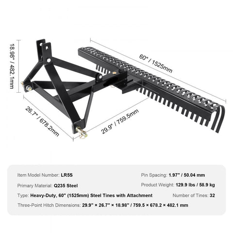 Pull Behind Thatch Remover 60in Wide with 32 Steel Prongs Tractor Compatible 3 Point Hitch Garden Rake for Soil Preparation and Grass Maintenance