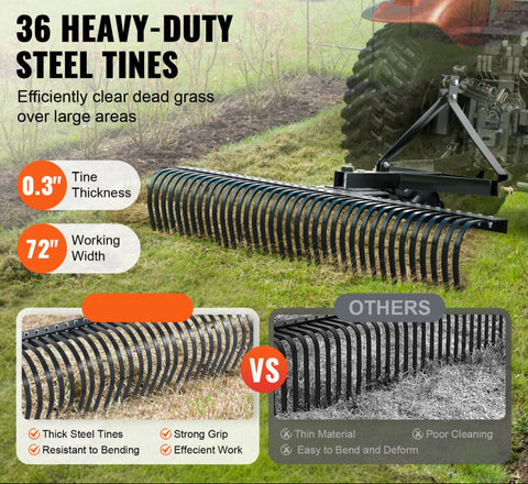 72 Inch Tow Behind Dethatcher 36 Steel Tine 3 Point Lawn Dethatcher Rake Tractor Attachment Landscape Rake for Garden Farm Grass