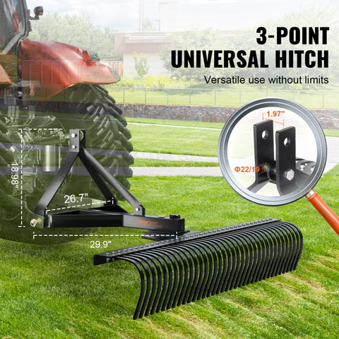 72 Inch Tow Behind Dethatcher 36 Steel Tine 3 Point Lawn Dethatcher Rake Tractor Attachment Landscape Rake for Garden Farm Grass