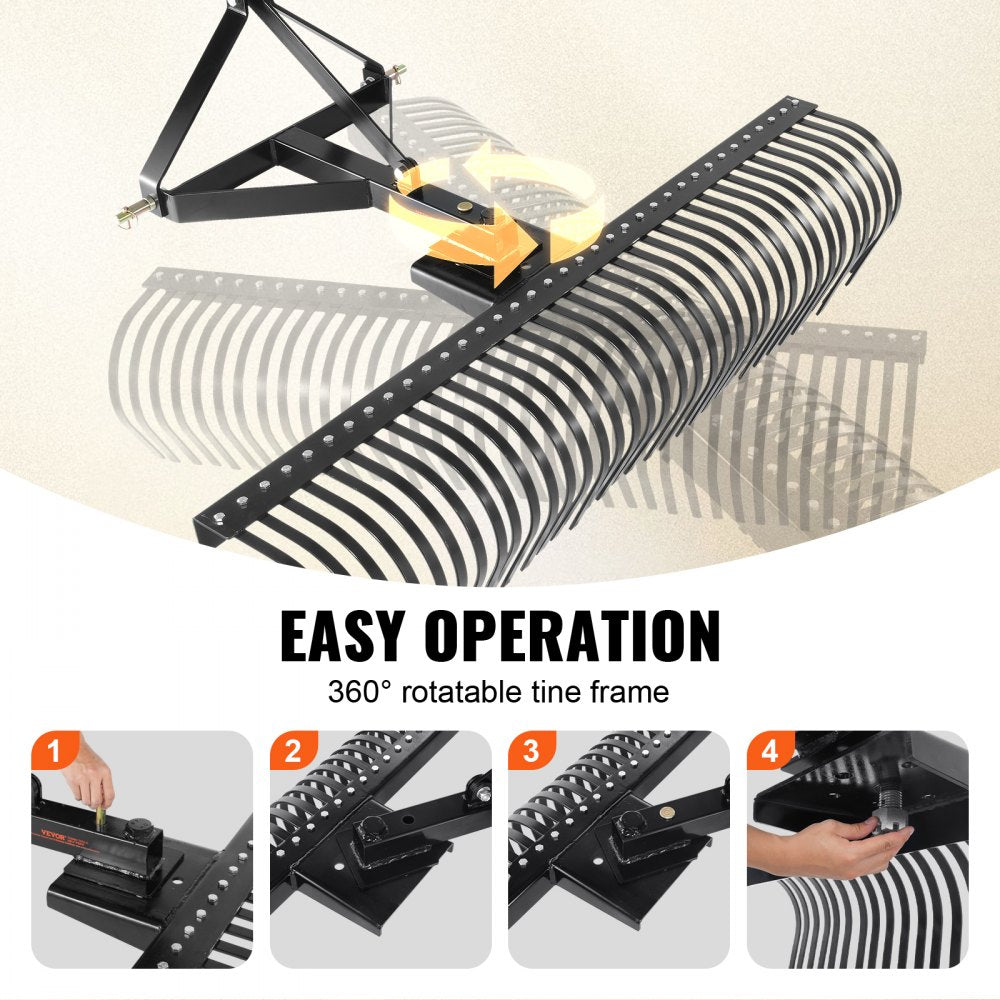 72 Inch Tow Behind Dethatcher 36 Steel Tine 3 Point Lawn Dethatcher Rake Tractor Attachment Landscape Rake for Garden Farm Grass
