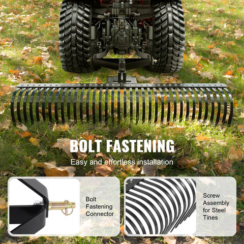 72 Inch Tow Behind Dethatcher 36 Steel Tine 3 Point Lawn Dethatcher Rake Tractor Attachment Landscape Rake for Garden Farm Grass