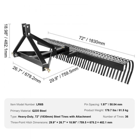 72 Inch Tow Behind Dethatcher 36 Steel Tine 3 Point Lawn Dethatcher Rake Tractor Attachment Landscape Rake for Garden Farm Grass