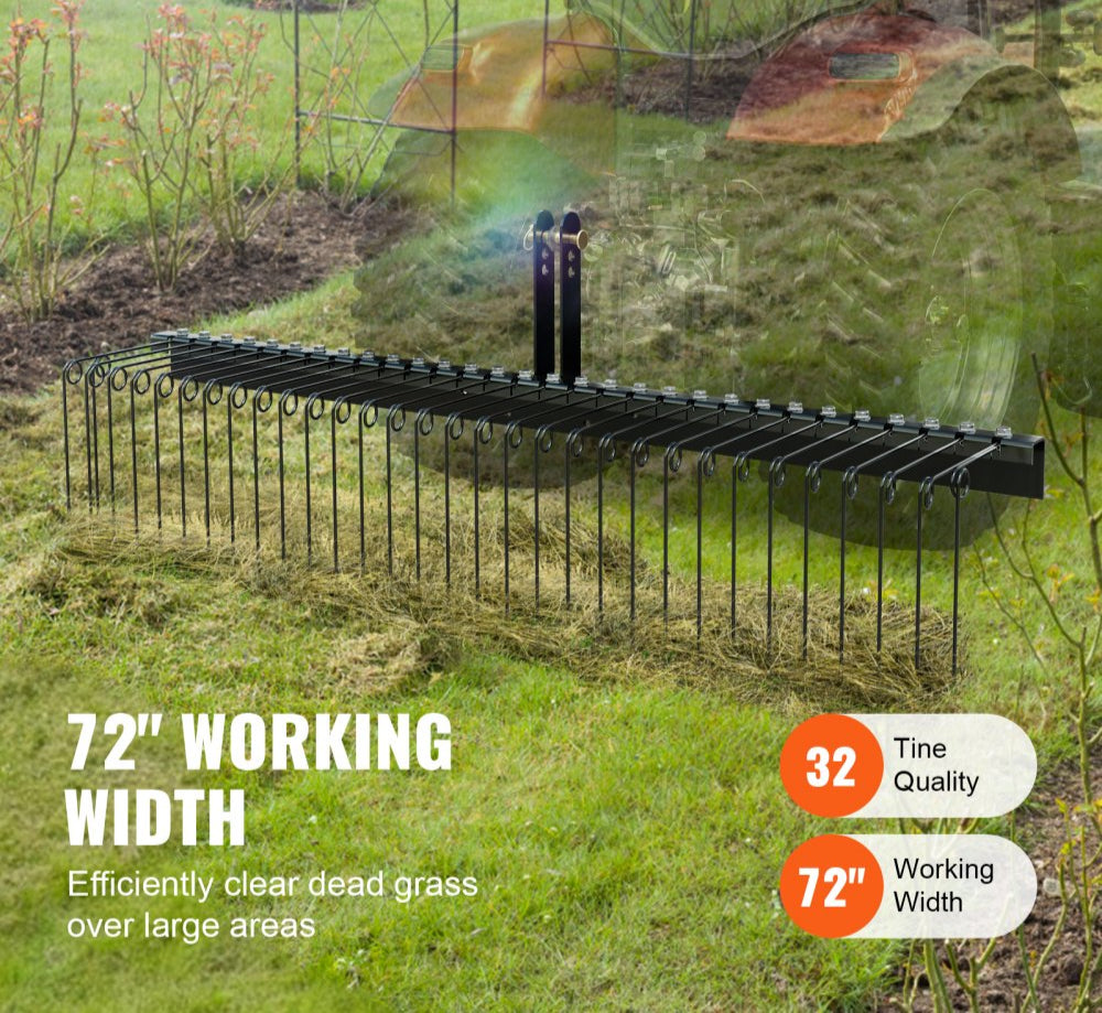 Tow Behind Landscape Rake 72in Dethatcher with 32 Steel Tines Fits Category 1 3 Point Hitch for Tractor Leaves Pine Needles Straw Grass