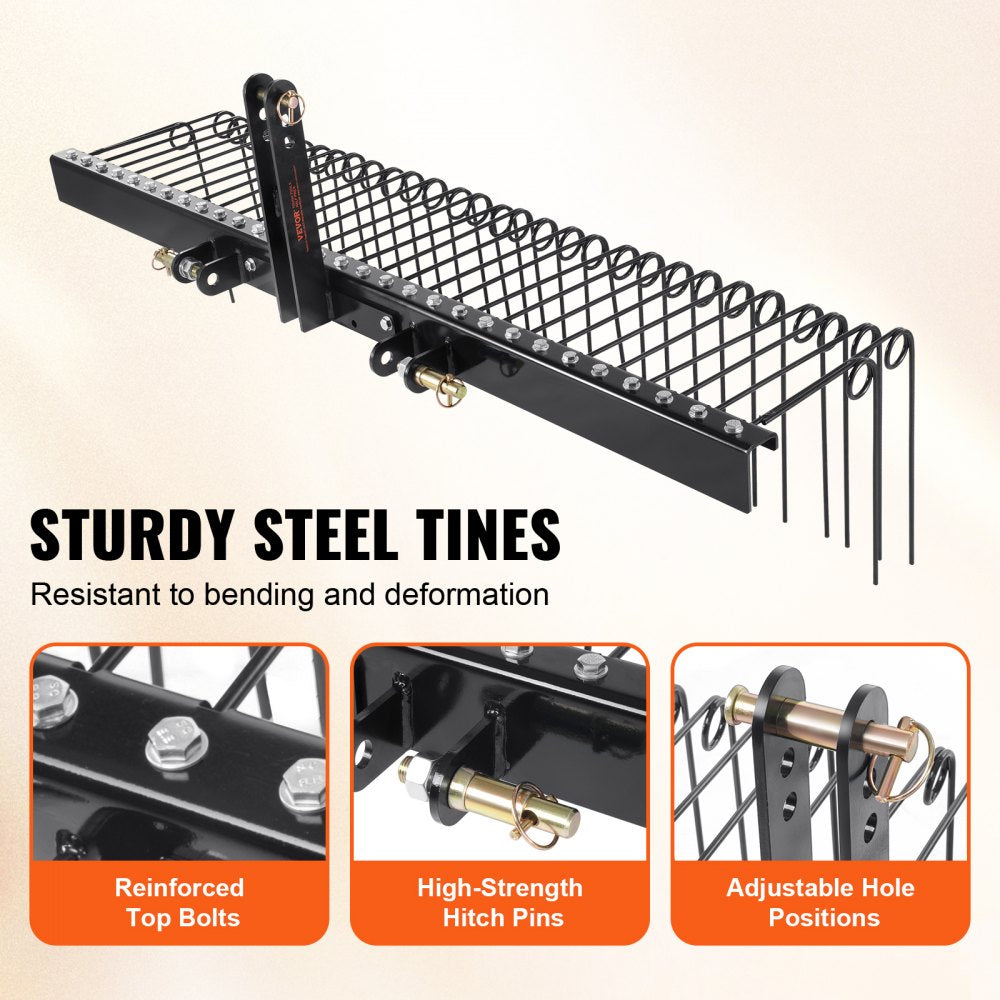 Tow Behind Landscape Rake 72in Dethatcher with 32 Steel Tines Fits Category 1 3 Point Hitch for Tractor Leaves Pine Needles Straw Grass