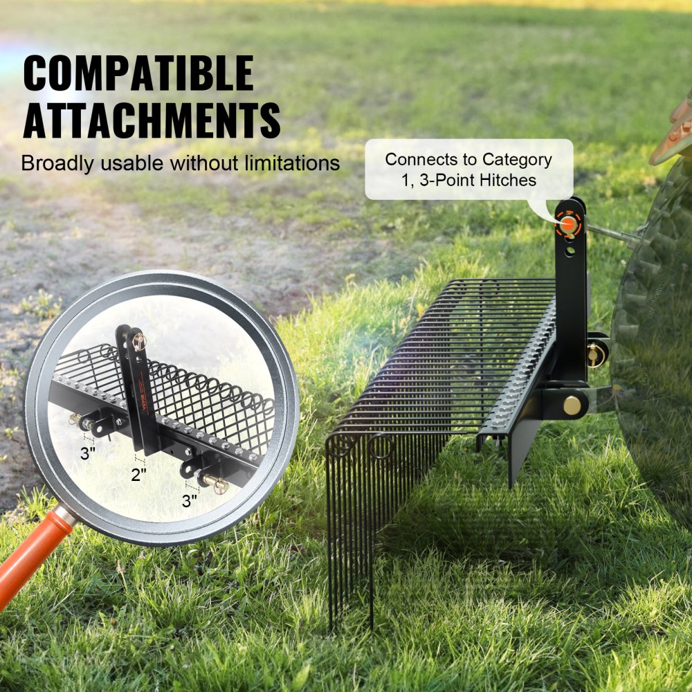 Tow Behind Landscape Rake 72in Dethatcher with 32 Steel Tines Fits Category 1 3 Point Hitch for Tractor Leaves Pine Needles Straw Grass