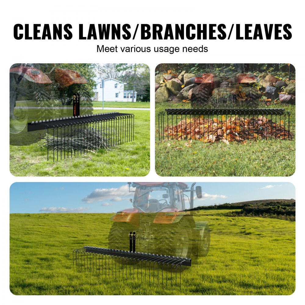 Tow Behind Landscape Rake 72in Dethatcher with 32 Steel Tines Fits Category 1 3 Point Hitch for Tractor Leaves Pine Needles Straw Grass