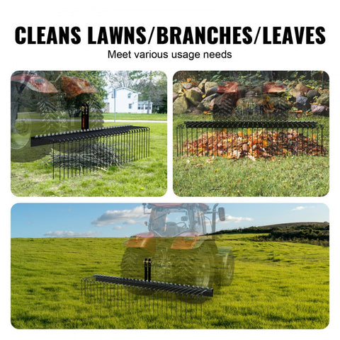 Tow Behind Landscape Rake 72in Dethatcher with 32 Steel Tines Fits Category 1 3 Point Hitch for Tractor Leaves Pine Needles Straw Grass