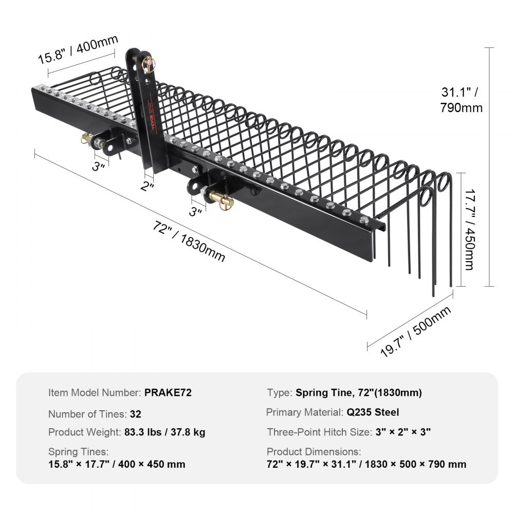 Tow Behind Landscape Rake 72in Dethatcher with 32 Steel Tines Fits Category 1 3 Point Hitch for Tractor Leaves Pine Needles Straw Grass