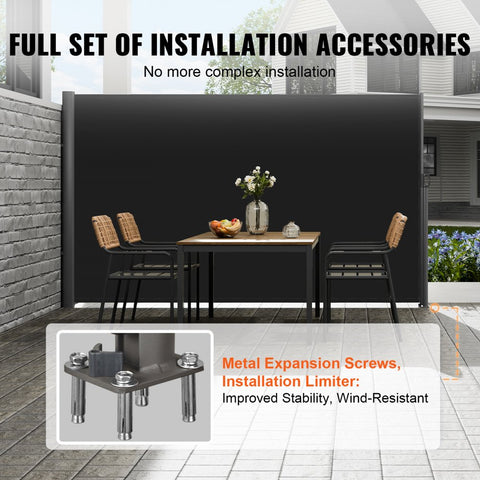Retractable Side Awning, 63''x 118'' Full Aluminum Rust-Proof Outdoor Privacy Screen, Folding Room Divider Wind Screen for Patio Sun Shade, Backyard, Balcony, Roof Terraces and Pools, Black