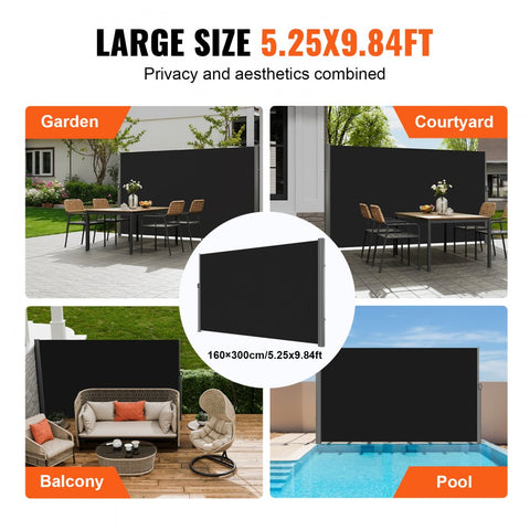 Retractable Side Awning, 63''x 118'' Full Aluminum Rust-Proof Outdoor Privacy Screen, Folding Room Divider Wind Screen for Patio Sun Shade, Backyard, Balcony, Roof Terraces and Pools, Black