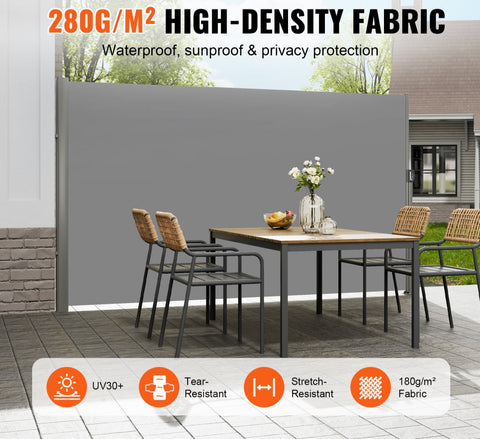 Retractable Side Awning, 63''x 118'' Full Aluminum Rust-Proof Outdoor Privacy Screen, Folding Room Divider Wind Screen for Patio Sun Shade, Backyard, Balcony, Roof Terraces and Pools, Gray