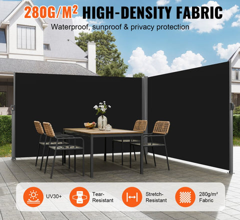 Retractable Side Awning 236" x 63",Double Retractable Patio Screen Waterproof, Retractable Room Divider Black for Privacy, Garden, Outdoor, Patio and Terrace
