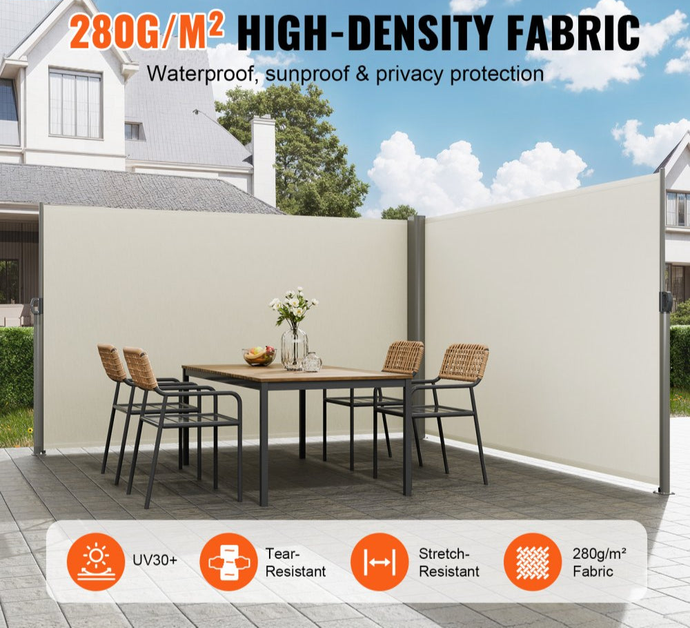 Beige Retractable 63''*236'' Awning-Rugged Full Aluminum Rust-Proof; Patio Sunshine Screen; Privacy Divider; Wind Screen. Longer Service Life, Suitable for Courtyard, Roof Terraces and Pools