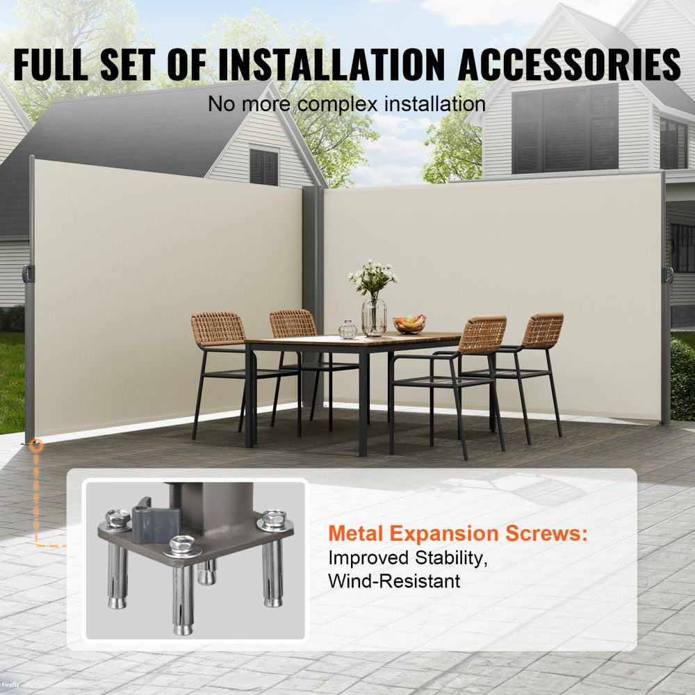 Beige Retractable 63''*236'' Awning-Rugged Full Aluminum Rust-Proof; Patio Sunshine Screen; Privacy Divider; Wind Screen. Longer Service Life, Suitable for Courtyard, Roof Terraces and Pools