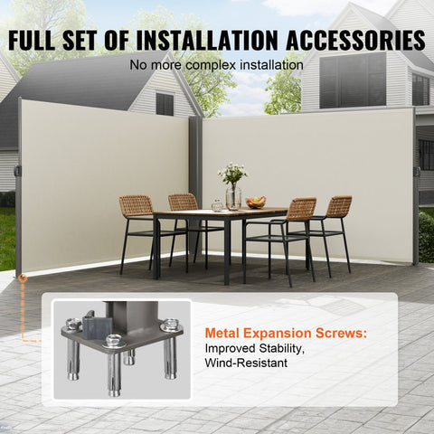 Beige Retractable 63''*236'' Awning-Rugged Full Aluminum Rust-Proof; Patio Sunshine Screen; Privacy Divider; Wind Screen. Longer Service Life, Suitable for Courtyard, Roof Terraces and Pools