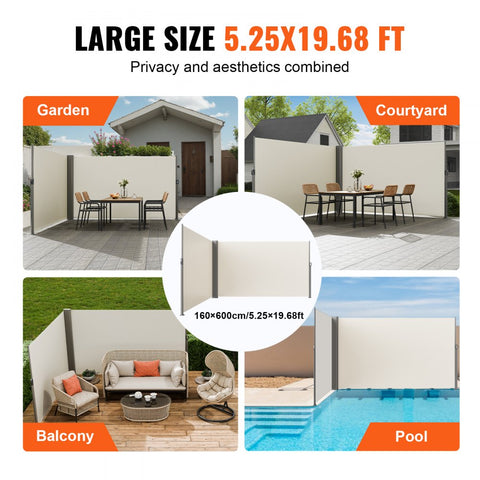 Beige Retractable 63''*236'' Awning-Rugged Full Aluminum Rust-Proof; Patio Sunshine Screen; Privacy Divider; Wind Screen. Longer Service Life, Suitable for Courtyard, Roof Terraces and Pools