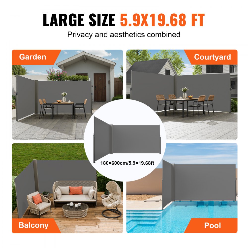 Retractable Side Awning, 71''x 236'' Full Aluminum Rust-Proof Patio Sunshine Screen, Outdoor Privacy Divider & Wind Screen, Works for Courtyard, Balcony, Roof Terraces and Pools, Gray